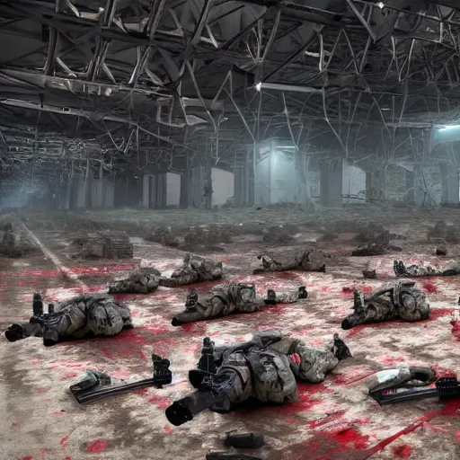 Prompt: Several soldiers, laser sights on weapons, cyber woman enemy robot nearby, dead soldiers on ground, meat, blood, bones, Abandoned night hangar, dim blue light, foggy room,-W 768