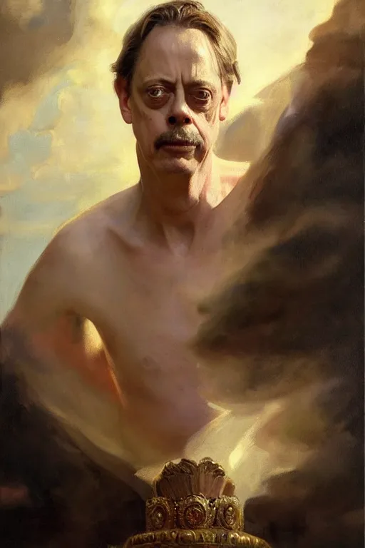 Image similar to beautiful oil painting portrait of ancient roman god emperor steve buscemi wearing the civic crown levitating and ascending religious pose, ascension, art by anders zorn, wonderful masterpiece by greg rutkowski, expressive brush strokes, beautiful cinematic light, american romanticism by greg manchess, jessica rossier