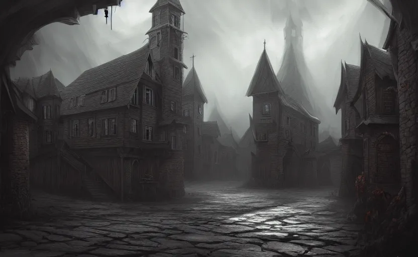 Image similar to beautifully drawn concept art of an old medieval mystic town : : dramatic mood, overcast mood, dark fantasy environment : : trending on artstation, unreal engine, digital art