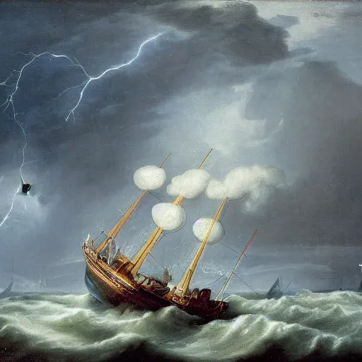 Prompt: a royal vessel in stormy seas and lightning