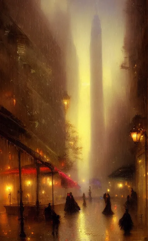 Image similar to Raining New York night alley by Raphael Lacoste and Pierre Auguste Cot and Delphin Enjolras and Daniel F. Gerhartz