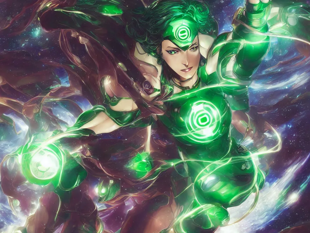 Image similar to anime key visual of one beautiful female green lantern, dc comics, power, hope, glowing, intricate, in space, stunning, highly detailed, digital painting, artstation, smooth, hard focus, illustration, art by artgerm and greg rutkowski and alphonse mucha