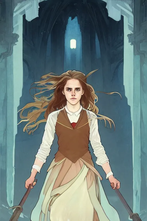 Image similar to Poster artwork, Emma Watson as Hermione Granger, medium shot, details, sharp focus, illustration, by Jordan Grimmer and Alphonse Mucha and greg rutkowski and PiNe(パイネ) and 薯子Imoko and 香川悠作 and maya takamura, intricate, beautiful, Trending artstation, pixiv, digital Art