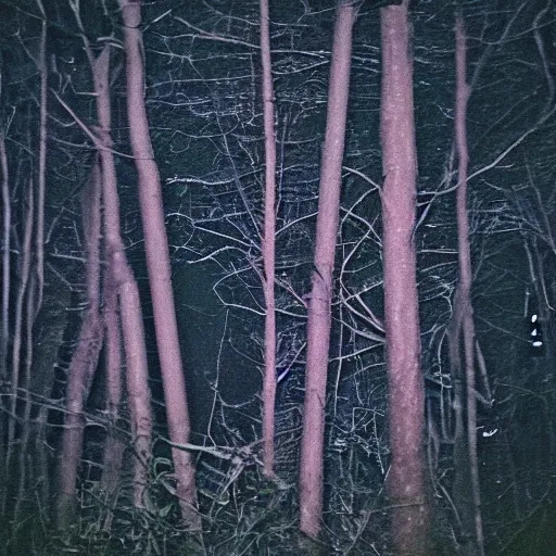 Image similar to grainy surveillance photo still of an alien in the woods at night hiding in the trees of a forest