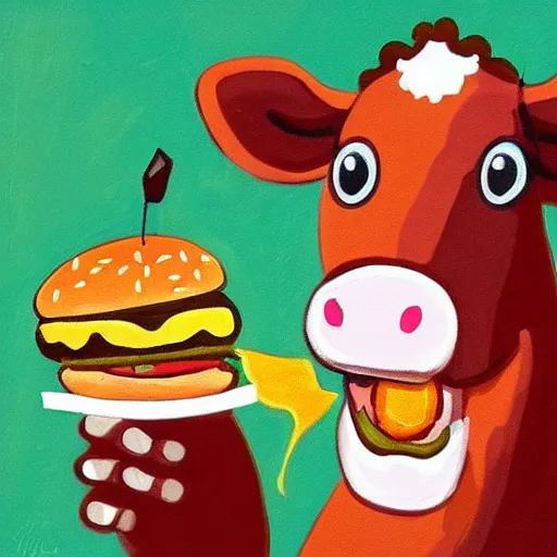 Image similar to a happy cow eating a cheeseburger, high art