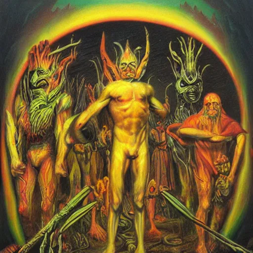 Prompt: disasterpiece mesmerizing inner sanctum of the most disturbing and beautiful truth, in the style of Jeff Easley, Grant Wood, Ken Kelly, – W 1024