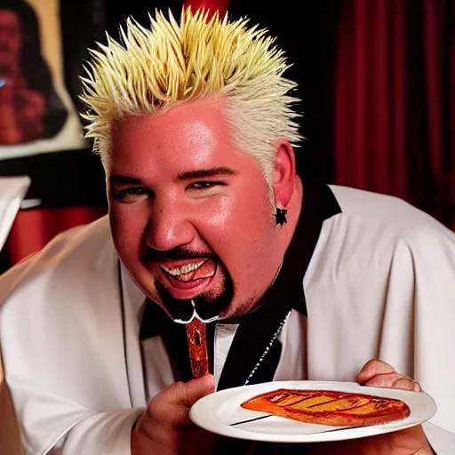 Image similar to guy fieri dressed as the pope eating spam from the can at a formal banquet at a table