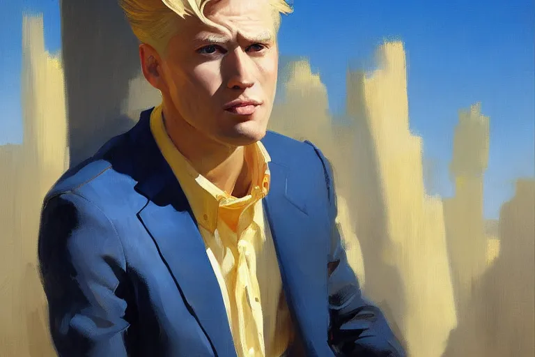 Image similar to greg manchess portrait of a blond man in a blue suit shock of being hurt, organic painting, sunny day, matte painting, bold shapes, hard edges, street art, trending on artstation, by huang guangjian, gil elvgren, ruan jia, randy vargas, greg rutkowski