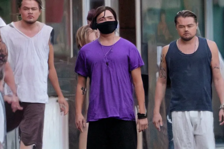 Image similar to medium full shot of leonardo dicaprio as a gang member wearing a purple head covering made from a polyester or nylon material and a stained white tank top caught sliding on a opp, arms covered in gang tattoo, paparazzi, leaked footage, uncomfortable, bad quality