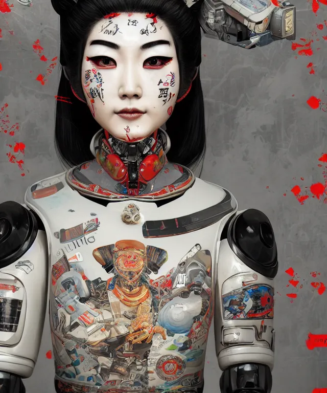 Prompt: an epic fantastic realism comic book style portrait painting of a japanese robotic geisha with kanji tattoos and decals, apex legends, octane render, intricate detail, 4 k hd, unreal engine 5