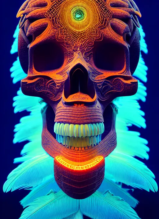 Prompt: 3 d totem portrait, sigma 5 0 0 mm f / 5. global illumination beautiful intricate highly detailed quetzalcoatl skull and feathers. bioluminescent, plasma, lava, ice, water, wind, creature, thunderstorm! artwork by tooth wu and wlop and beeple and greg rutkowski, 8 k trending on artstation,