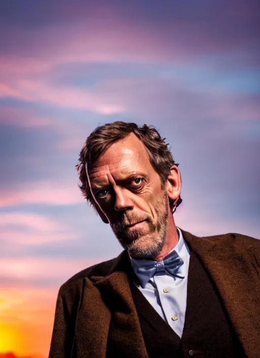 Image similar to dslr photo portrait still of hugh laurie as doctor who in front of the tardis at sunset, 8 k, 8 5 mm f 1. 4