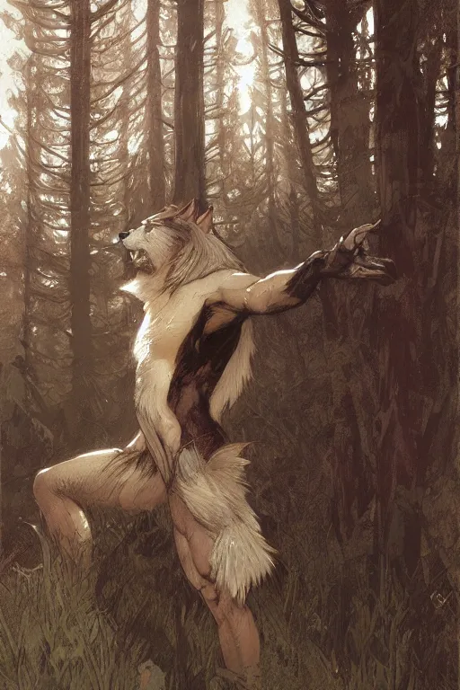 Image similar to fullbody portrait of a male werewolf, bared teeth, long claws, by greg rutkowski and alphonse mucha, gradient brown to silver, in front of a forest at night background, highly detailed, digital painting, artstation, concept art, smooth, sharp focus illustration