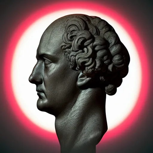 Image similar to a renaissance statue head surrounded by a 3 d rendered neon circle, black background, ray tracing, 8 k resolution, sharp focus, hyper detailed, hyper realistic