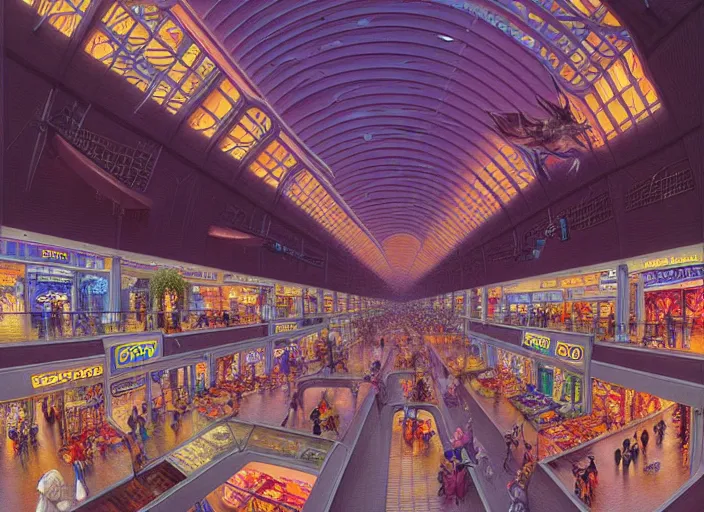 Prompt: detailed intricate portrait of futuristic shopping mall, sharp focus, art by artgerm, bob eggleton, michael whelan, stephen hickman, richard corben, wayne barlowe beautiful psychedelic dmt lighting, hyper detailed, 8 k, oil on canvas 8 k