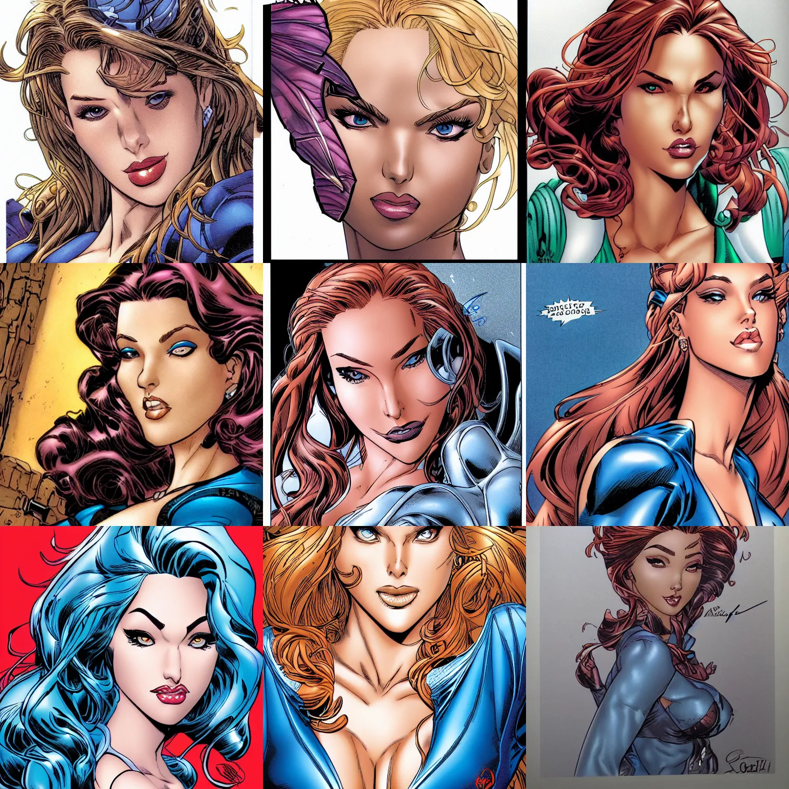 Prompt: close up headshot of beautiful pretty elegant female , comic book color drawing by j scott campbell