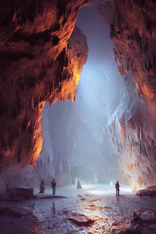 Image similar to limestone cave with tiny glowing translucent crystals on the walls , dynamic lighting, volumetric, bokeh, cinematic, establishing shot, extremly high detail, photo realistic, cinematic lighting, post processed, concept art, artstation, matte painting, style by eddie mendoza, raphael lacoste, alex ross