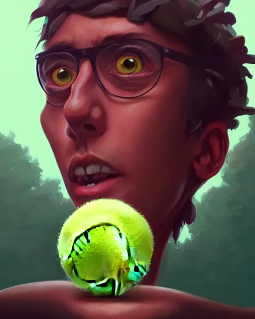 Image similar to highly detailed vfx portrait of a character of a tennis ball monster stephen bliss, unrealengine, greg rutkowski, loish, rhads, beeple, makoto shinkai and lois van baarle, ilya kuvshinov, rossdraws, tom bagshaw,