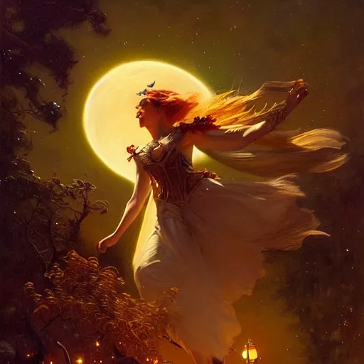 Image similar to attractive witch magically flying trough the night, fantasy, full moon in background. highly detailed painting by gaston bussiere, craig mullins, j. c. leyendecker 8 k