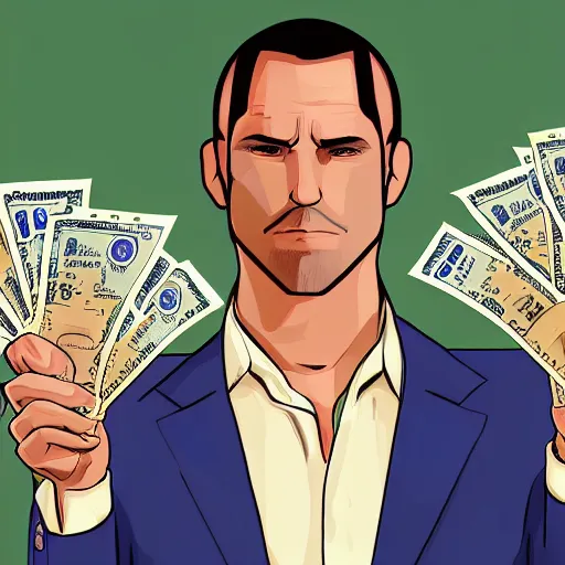 Image similar to a man holding a bunch of money to his face, gta loading screen, digital art,