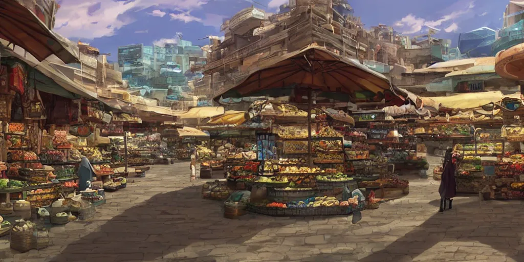 Prompt: empty arabian marketplace, scenic shot, by makoto shinkai