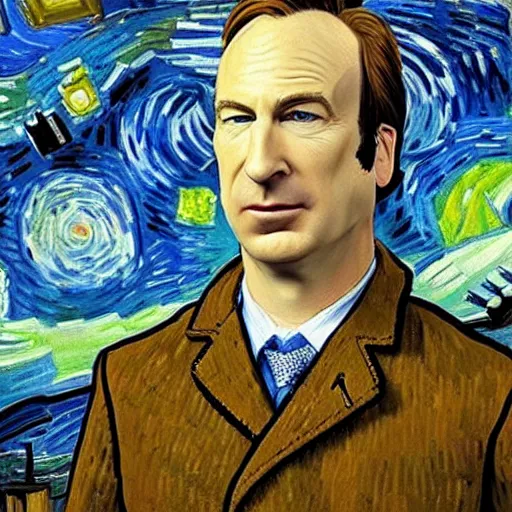 Prompt: a detailed portrait of bob odenkirk as saul goodman by van gogh