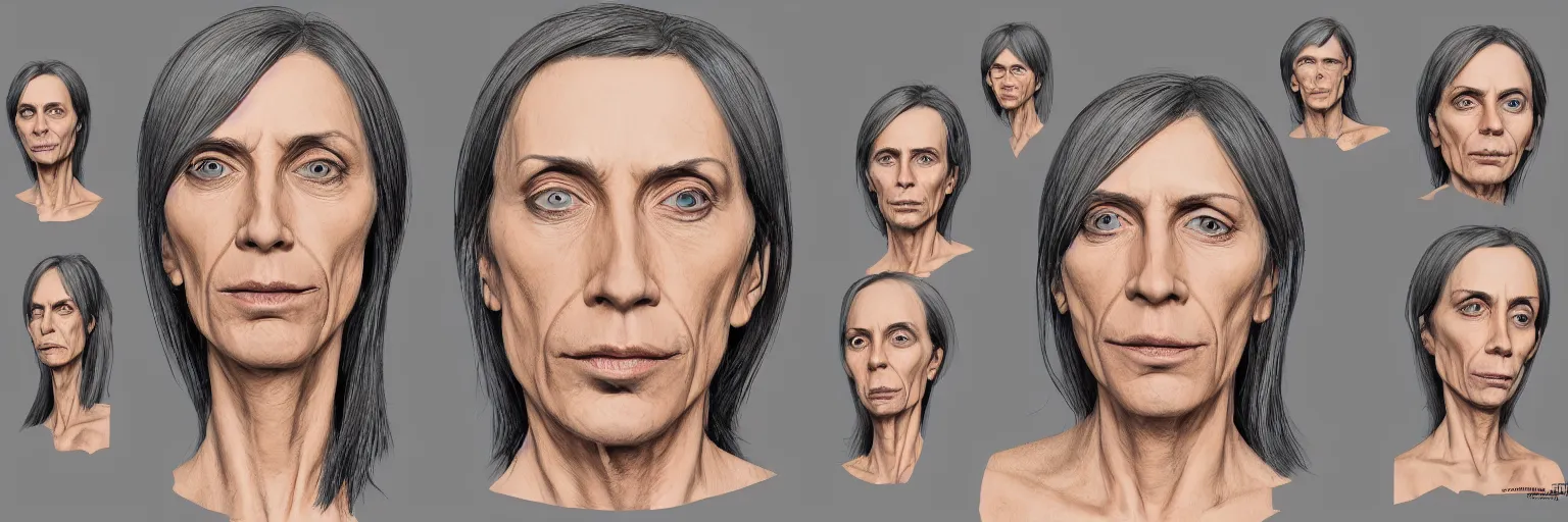 Image similar to colored pencils female character face study of iggy pop, skinny woman, 5 5 yo, clear female iggy pop faces, emotional, character sheet, fine details, concept design, contrast, kim jung gi, pixar and da vinci, trending on artstation, 8 k, 3 6 0 head, turnaround, front view, back view, ultra wide angle