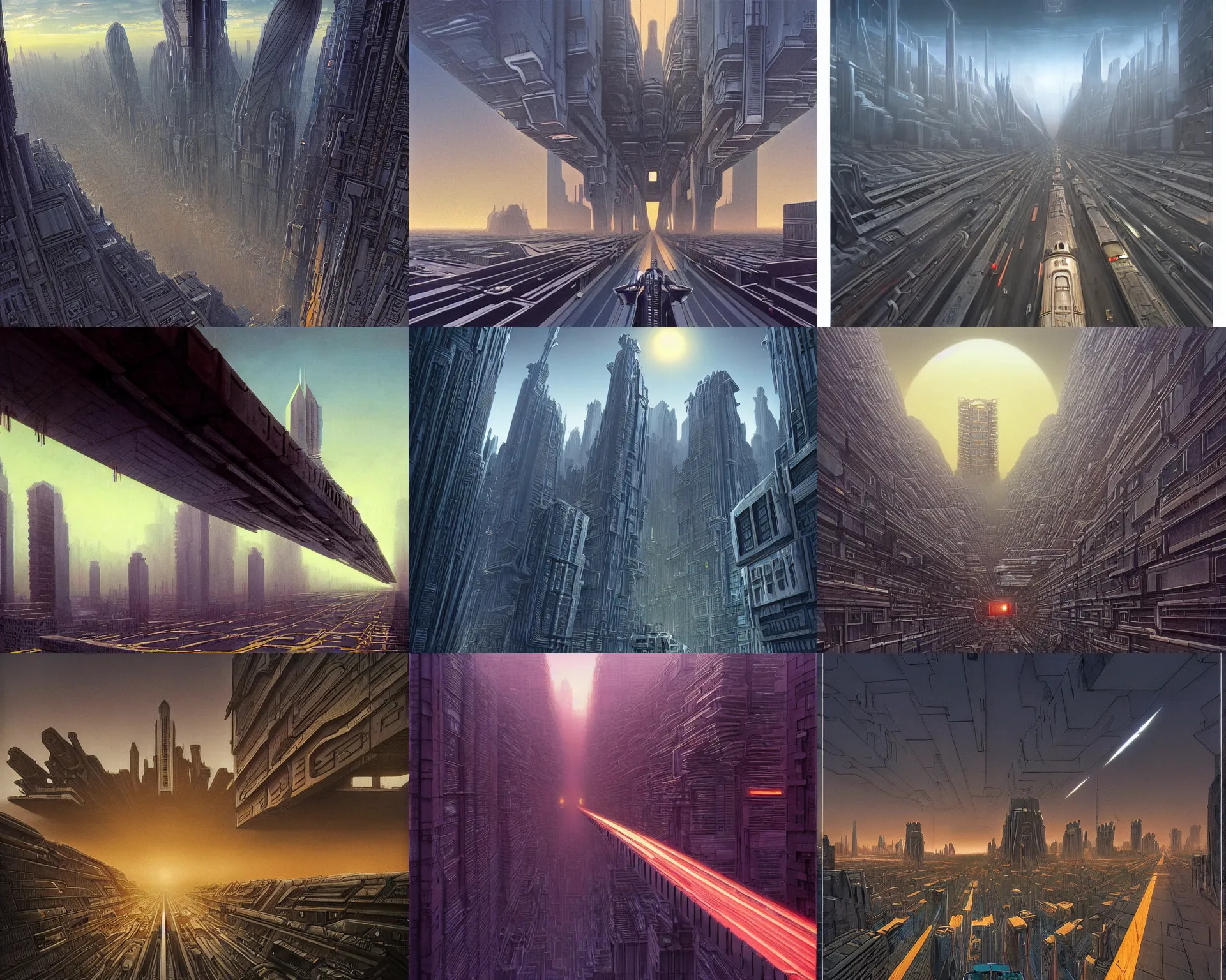 Prompt: alien supercity, dense metropolis, brutalist architecture, bizarre and imposing megastructures, vanishing point perspective, drone speedways, twilight, style of Michael Whelan