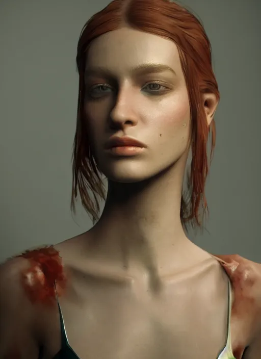 Image similar to close up of a fashion model on acid, posing in dramatic lighting, plastic clean ultra high definition, uplighting, cinematic, sheek unreal engine 5 ray tracing, by paolo roversi, masterpiece