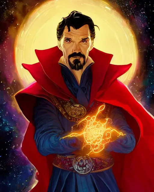 Image similar to a character portrait of handsome dr. strange with glow, surrounded with spiriling sparkling flash crystals and galaxies, by jesper ejsing, aleksi briclot, hyper light drifter, by ilya kuvshinov katsuhiro, jim burns, ed emshwiller, greg rutkowski, trending on artstation