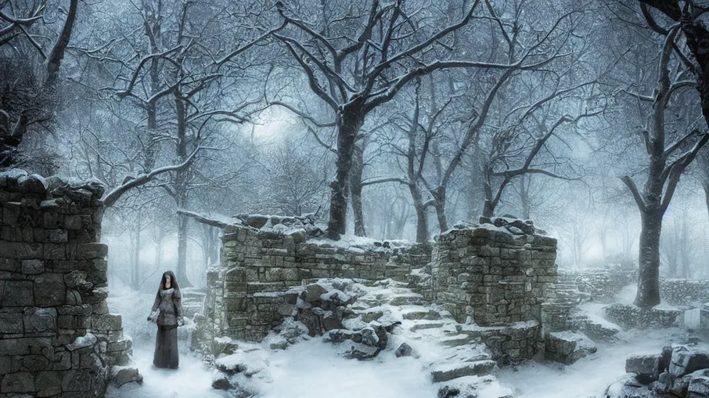 Prompt: the massive stone walls surround the [ secret garden ] in winter. claustrophobic. andreas achenbach, artgerm, mikko lagerstedt, zack snyder, tokujin yoshioka