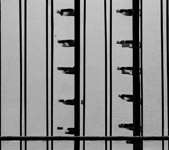Image similar to Joachim Brohm photo of 'avengers thanos laughing behind jail bars', high contrast, high exposure photo, monochrome, DLSR, grainy, close up