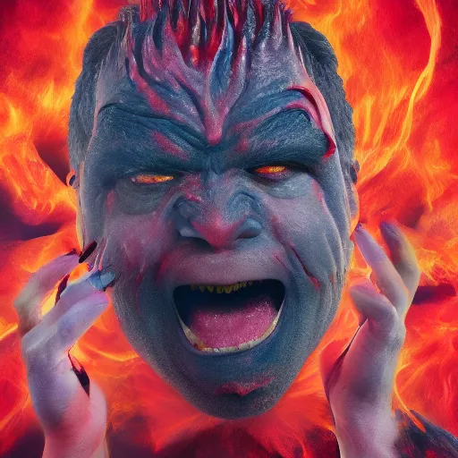 Image similar to a devilish red monster with horns licking hot lava emerging from boiling rough fiery lava seas, monster licking lava, grimace, crying, close - up portrait photo by david lachapelle, masterpiece, trending on flickr