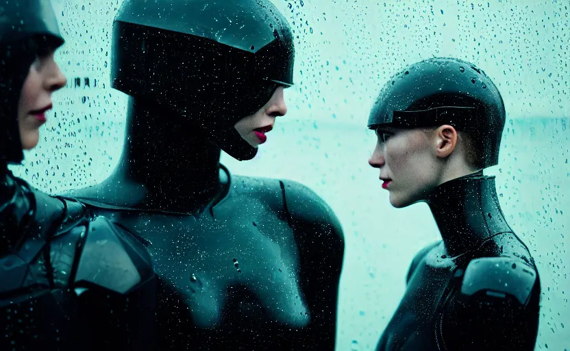 Prompt: cinestill 5 0 d candid photographic portrait by christopher nolan of two loving female androids wearing rugged black mesh techwear in treacherous waters, extreme closeup, modern cyberpunk retrofuturism moody emotional cinematic, pouring iridescent rain, 8 k, hd, high resolution, 3 5 mm, f / 3 2, ultra realistic faces, ex machina