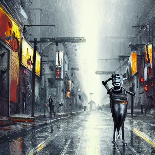 Image similar to robot greyhound in rainy post-apocalyptic city street , digital art, trending on artstation,