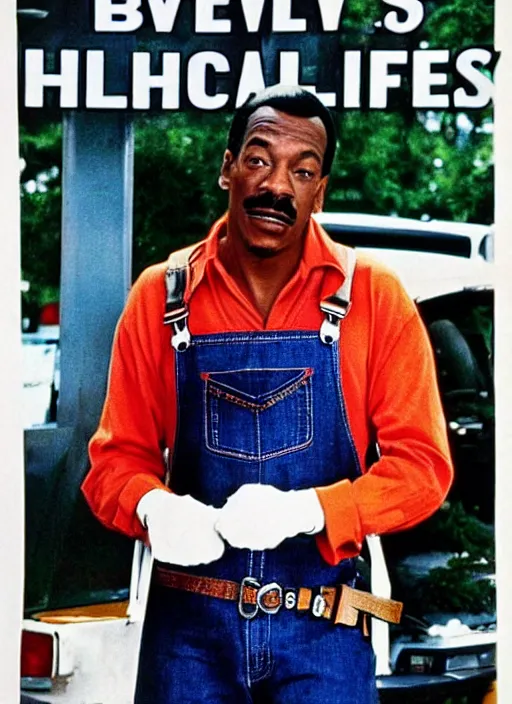Prompt: an 8 0's john alvin action movie poster starring eddie murphy as a plumber to rich people. he's in a bathroom. overalls.. tool belt. the movie is titled beverly hills crap