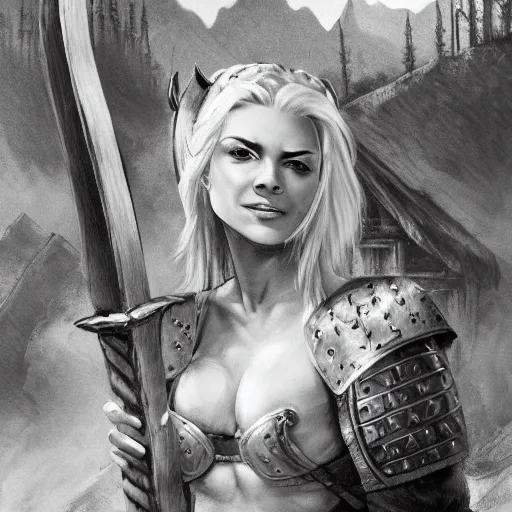Image similar to a detailed picture of a beautiful and tough looking blonde viking woman, carrying a large axe above her head, elegant, smiling playfully, burning village in the background, night time raid, 8 k, artstation, fine detail, art by frank frazetta