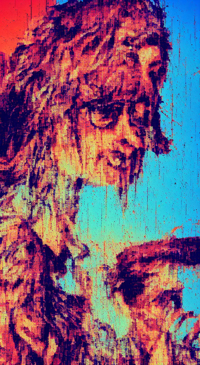 Image similar to pixel sorting in the style of ralph steadman, gearlord digital celluar automata, vivid dusk sunlight, color film grain, ultra realistic