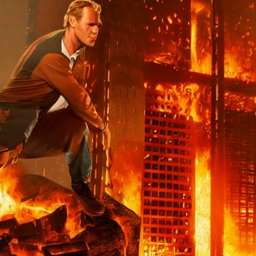 Prompt: Live Action Still of Jerma in The Towering Inferno, real life, hyperrealistic, ultra realistic, realistic, highly detailed, epic, HD quality, 8k resolution, body and headshot, film still