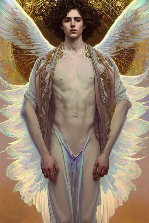 Prompt: symmetrical, beautiful young fit male angel with curly blond hairs, dressed with fluent clothes, majestic wings, luminous halo, by greg rutkowski and alphonse mucha, d & d character, gradient white to gold, in front of an iridescent background, highly detailed portrait, digital painting, artstation, concept art, smooth, sharp focus ilustration, artstation hq