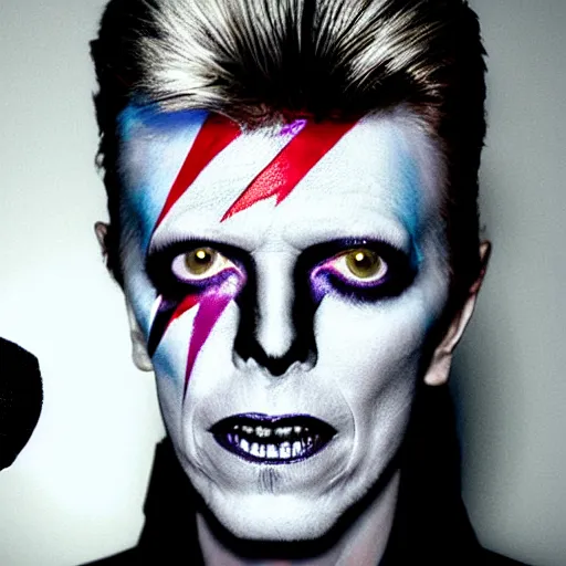 Image similar to david bowie face painted into one side white one side black singing into microphone on top of a spaceship