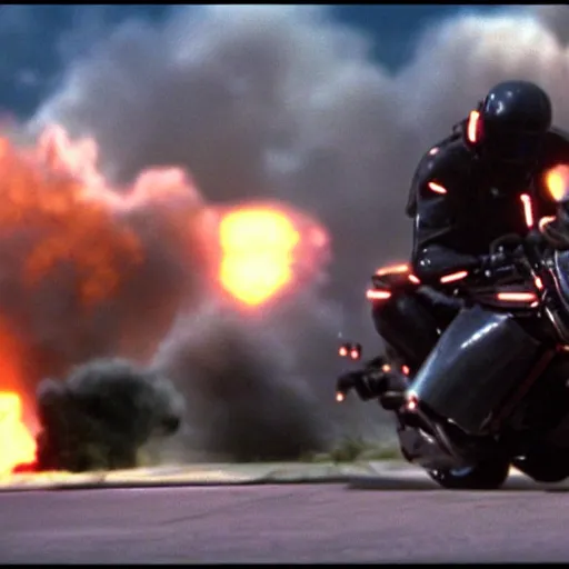 Image similar to film still from 'Displaced Future' (1997). Exciting future action scene of a motorcycle and explosions. Sigma 85mm f/8