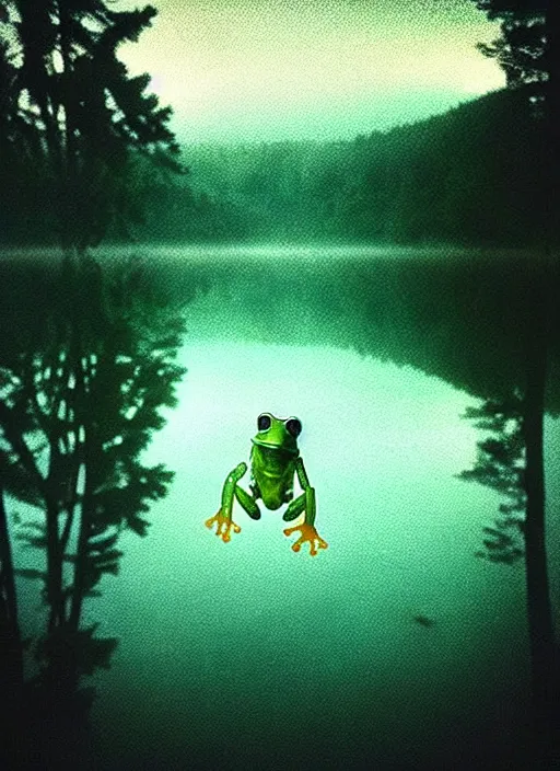 Image similar to “translucent frog amphibian vertically hovering above calm lake waters in jesus christ pose, distant meadow and misty forest horizon, low angle, long cinematic shot by Andrei Tarkovsky, paranormal, eerie, mystical”