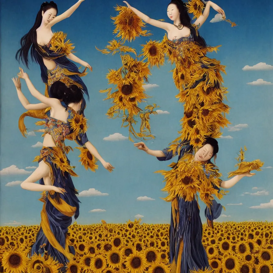 Image similar to The Chinese goddess of sunflowers dancing with the bearded Western god of primeval forests, by Raphael Hopper, and Rene Magritte. Detailed, romantic, enchanting, trending on ArtStation.