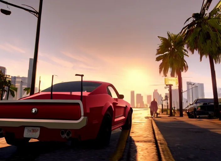 Image similar to still next - gen ps 5 game grand theft auto 6 2 0 2 4 remaster, graphics mods, rain, red sunset, people, reflections, gta vi, miami, palms and miami buildings, screenshot, unreal engine, 4 k, 5 0 mm bokeh, close - up ford mustang, gta vice city remastered, rtx, artstation