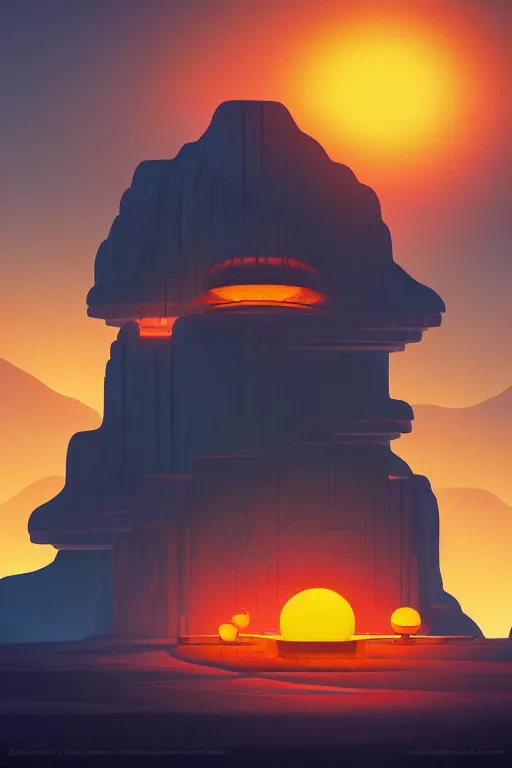 Prompt: tibetan temple glowing orange in canyon, geometric lines and planets in the sky, dramatic lighting, artstation, matte painting, ralph mcquarrie, simon stalenhag
