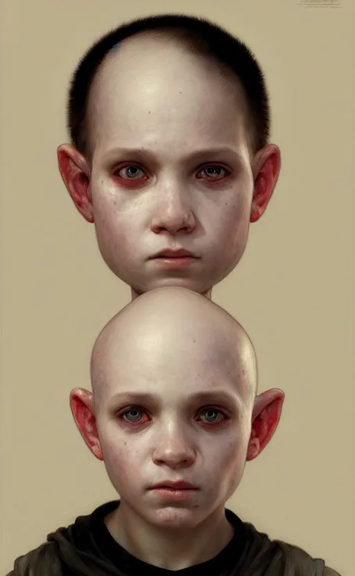 Image similar to a detailed portrait of a weird looking sick human child, white skin, bald, white eyes, black background, concept art, deep focus, intricate, highly detailed, digital painting, artstation, matte, sharp focus, illustration, art by greg rutkowski and alphonse mucha