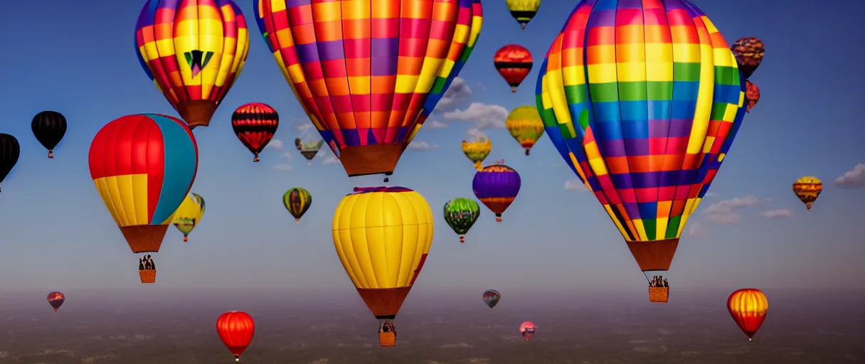 Prompt: joyful people are flying on colorful balloons, below them are bright colorful fields and forests, and they are moving into a fiery abyss in the sky