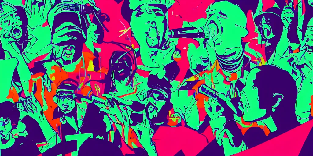 Image similar to rapping into microphone, silhouette, huge crowd, outrun, psychedelic hip hop, simple shapes, trending on Artstation, professional artist, detailed, 4k