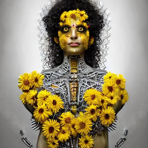 Image similar to a beautiful intricate fine art portrait photo of an indian cyborg with bionic implants on the face, epic curly hair spread out around her lined with beautiful yellow hibiscus, lying on a bed of daisies, by natalie shau and james christensen, masterpiece!, top view, studio lighting, golden ratio composition, 5 0 mm lens, deep depth of field, artstation, 8 k